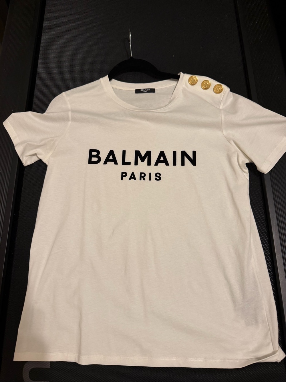 Balmain White Logo Tee with Gold Shoulder Buttons